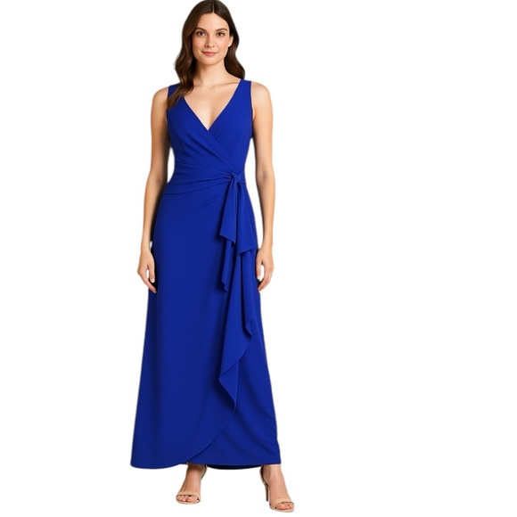 Marina - NWT Royal Blue Wrap Front Sleeveless Evening Gown Dress Sz 6 - Picture 1 of 12
